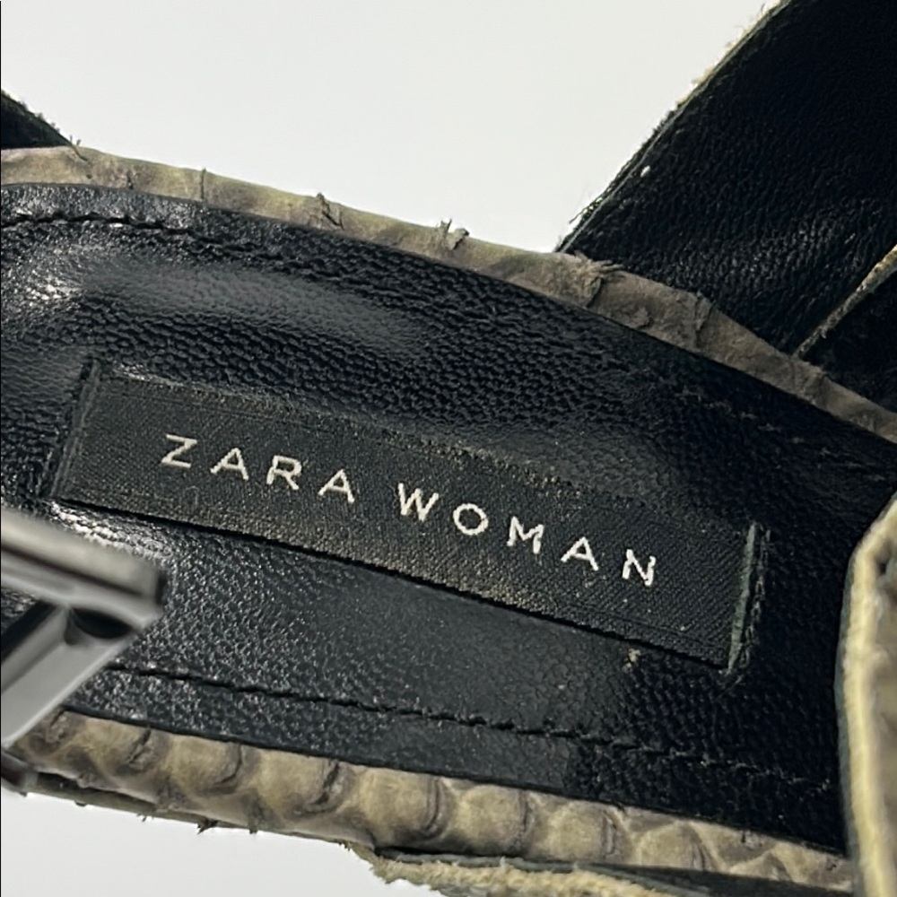 Zara Tan High Stiletto Heel Strappy Sandals 39 Beige Snakeskin Buckle Open Toe - Picture 8 of 16